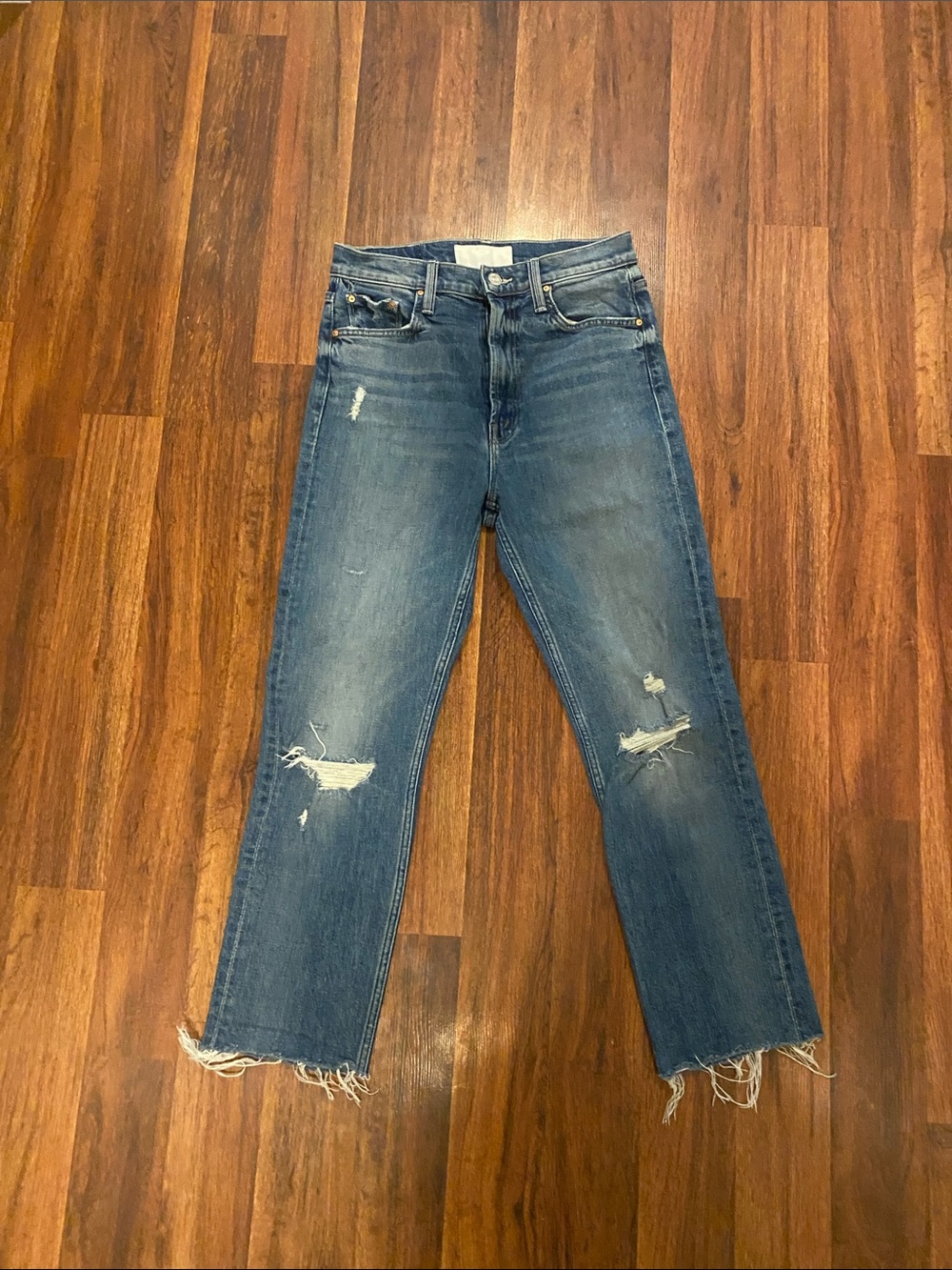 MOTHER Straight-Leg Distressed Jeans - Medium Blue